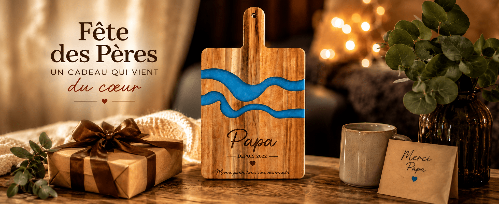 Cadeau fête des pères personnalisé gravé laser - planche apéro bois et résine époxy - Artesama