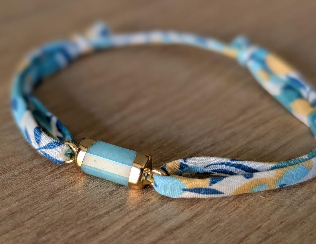 Bracelet ajustable ruban liberty pierre naturelle turquoise acier inox doré bijoux personnalisés Artesama