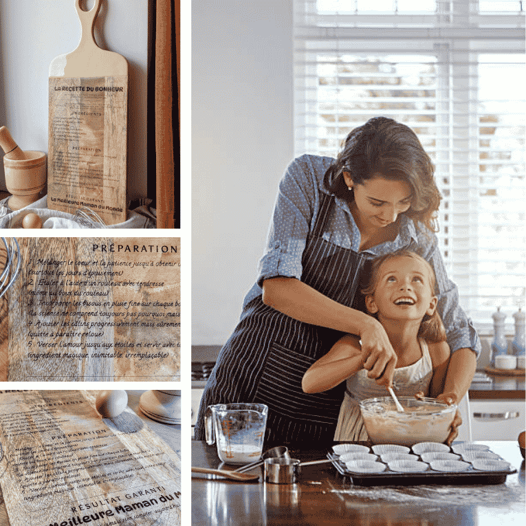 Planche bois gravée laser La recette du bonheur cadeau fête des mères personnalisé fait main France Artesama