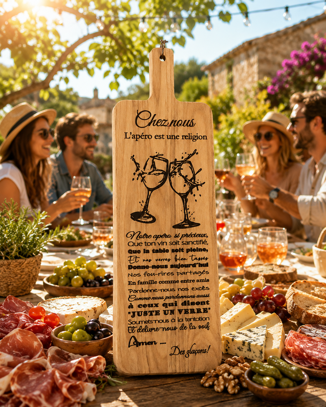 Planche apéro XXL bois gravée laser Chez nous l'apéro est une religion tablée amis repas convivial fait main France Artesama