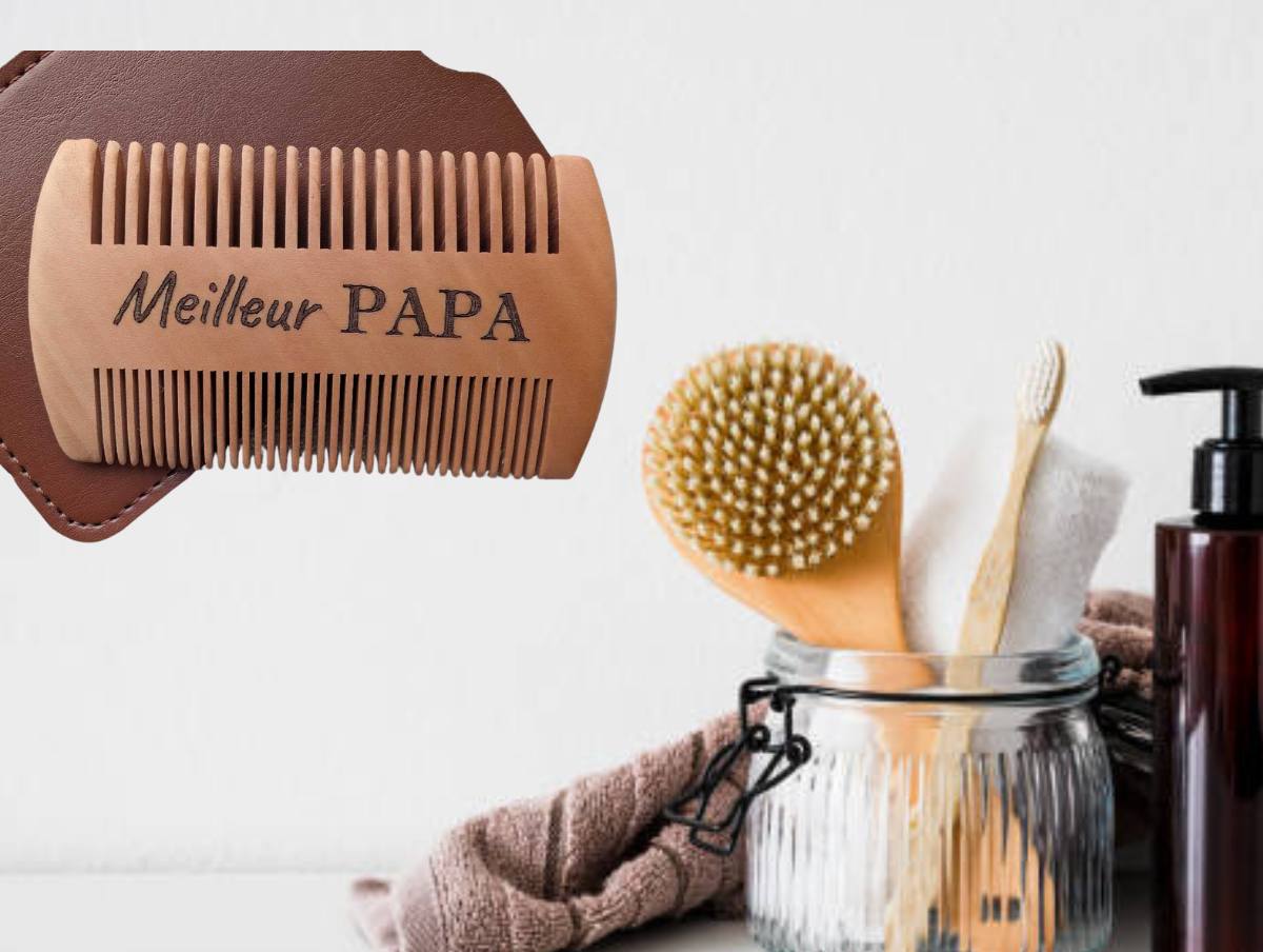 Peigne à barbe bois gravé laser Meilleur Papa étui cuir accessoire personnalisé cadeau homme fait main Artesama