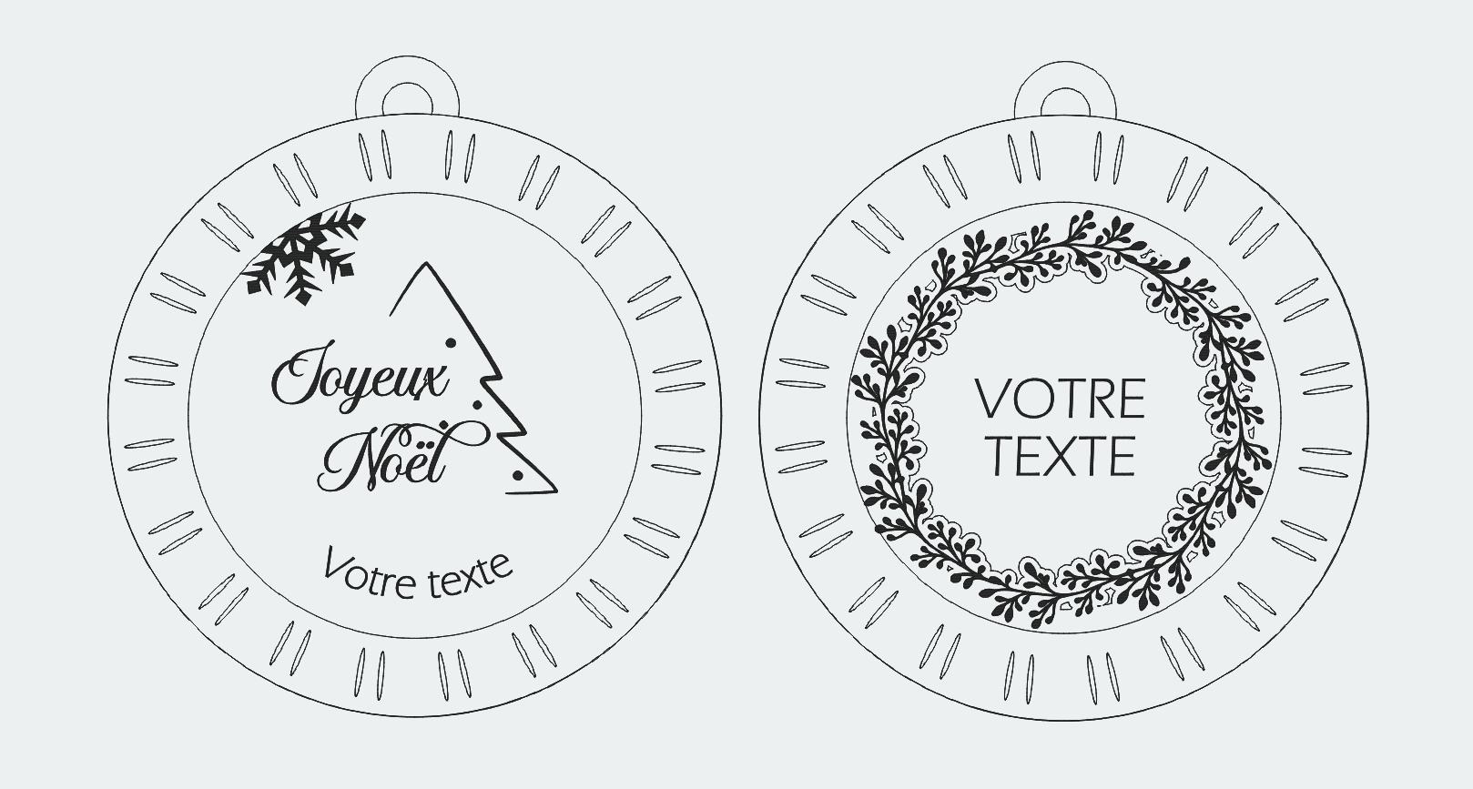Schémas techniques des deux modèles de boules de Noël personnalisables : modèle sapin Joyeux Noël et modèle couronne de feuillage avec zone de texte personnalisable