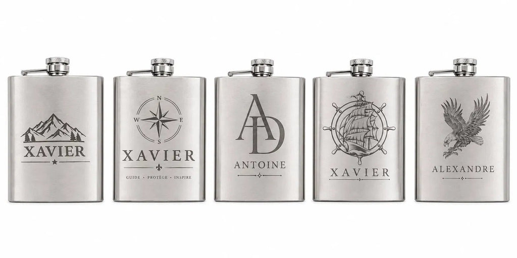 Flasque de poche gravée personnalisée — 5 motifs disponibles montagnes rose des vents monogramme voilier aigle — Artesama