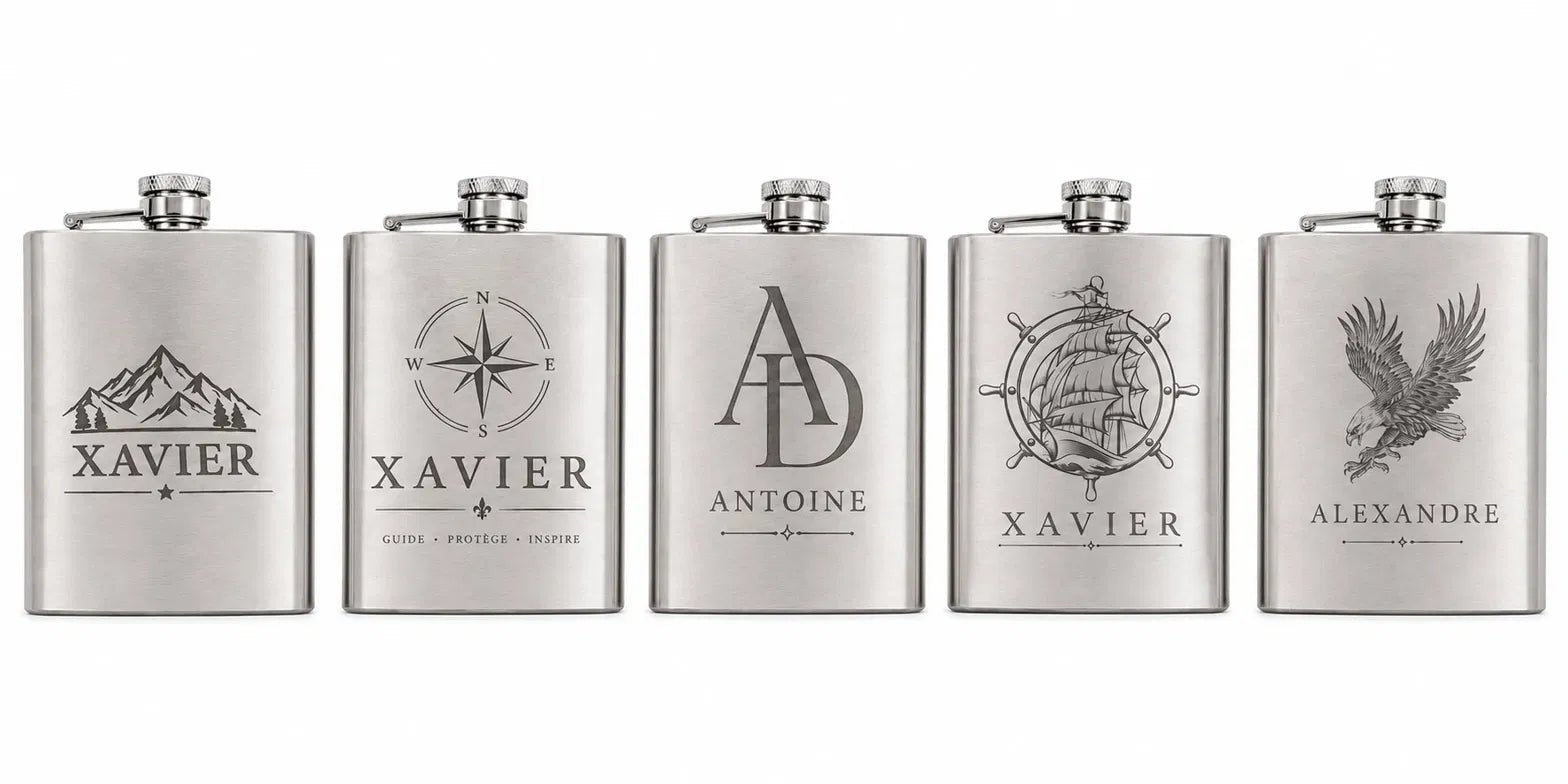 Flasque de poche gravée personnalisée — 5 motifs disponibles montagnes rose des vents monogramme voilier aigle — Artesama