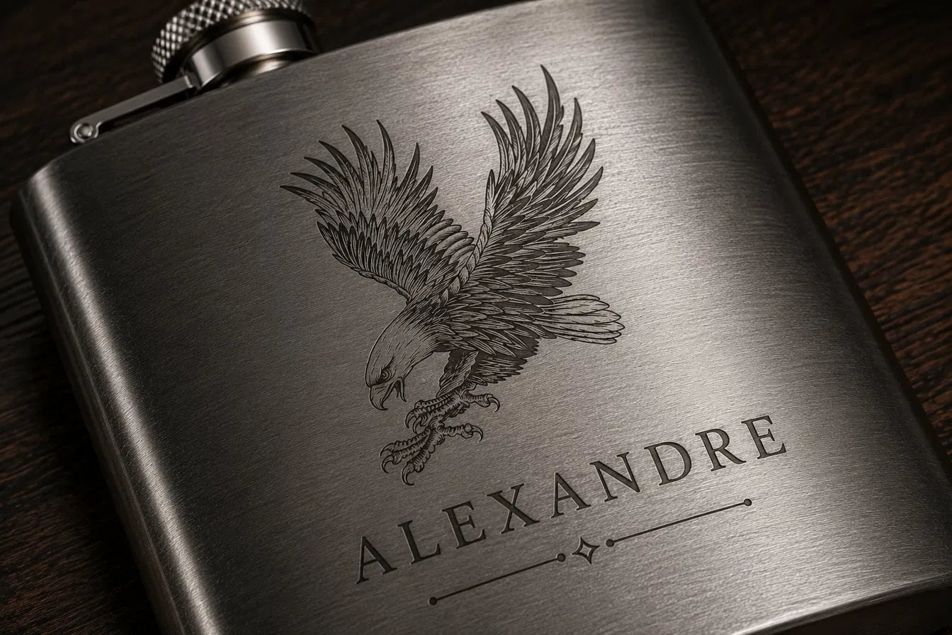 Gros plan gravure laser flasque inox motif aigle en vol prénom Alexandre — cadeau homme fort et original