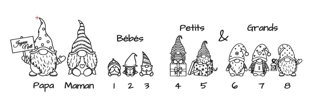 visuel des différents eprsonnages de gnomes disponible à choisir pour composer sa famille à graver sur la boule