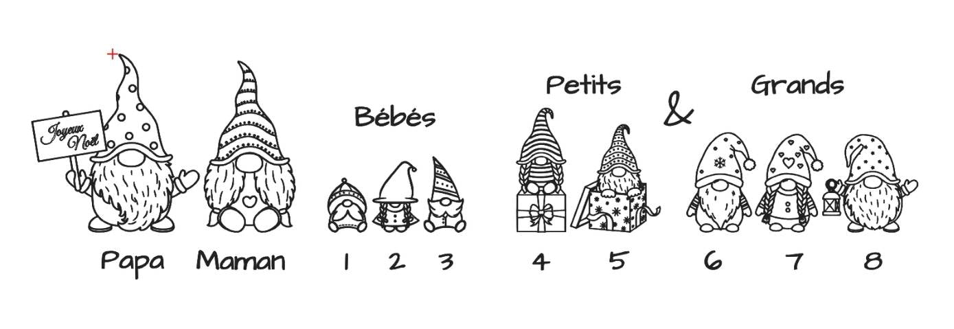 visuel des différents eprsonnages de gnomes disponible à choisir pour composer sa famille à graver sur la boule