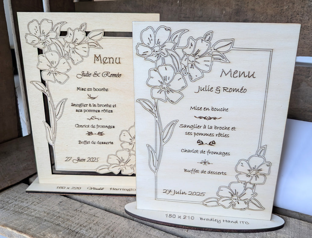 Menu de mariage en bois gravé et personnalisé | Floral élégant