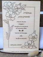Menu de mariage en bois gravé et personnalisé | Floral élégant
