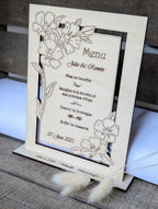 Menu de mariage en bois gravé et personnalisé | Floral élégant