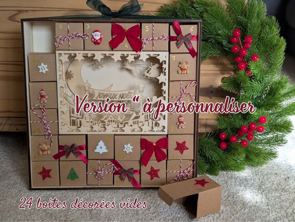 Calendrier de l’Avent artisanal en bois avec boîtes kraft vides à remplir soi-même