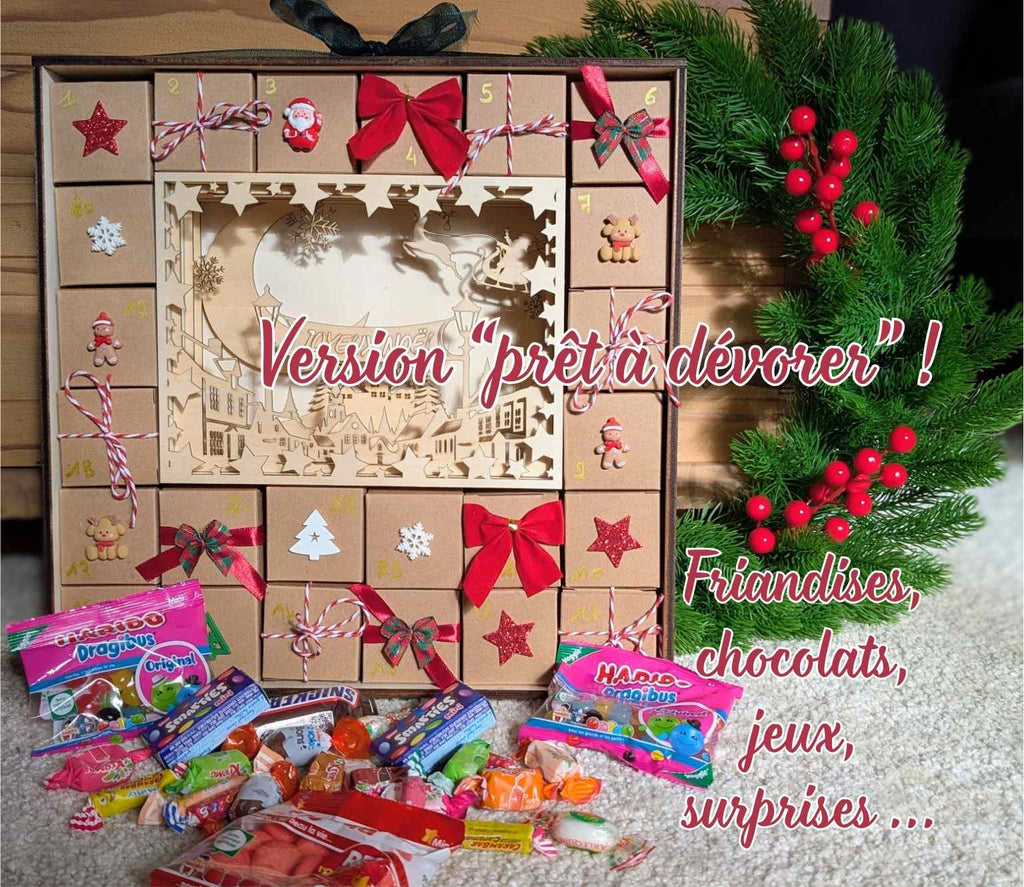 Calendrier de l’Avent lumineux rempli de friandises et mini surprises, fait main en bois naturel