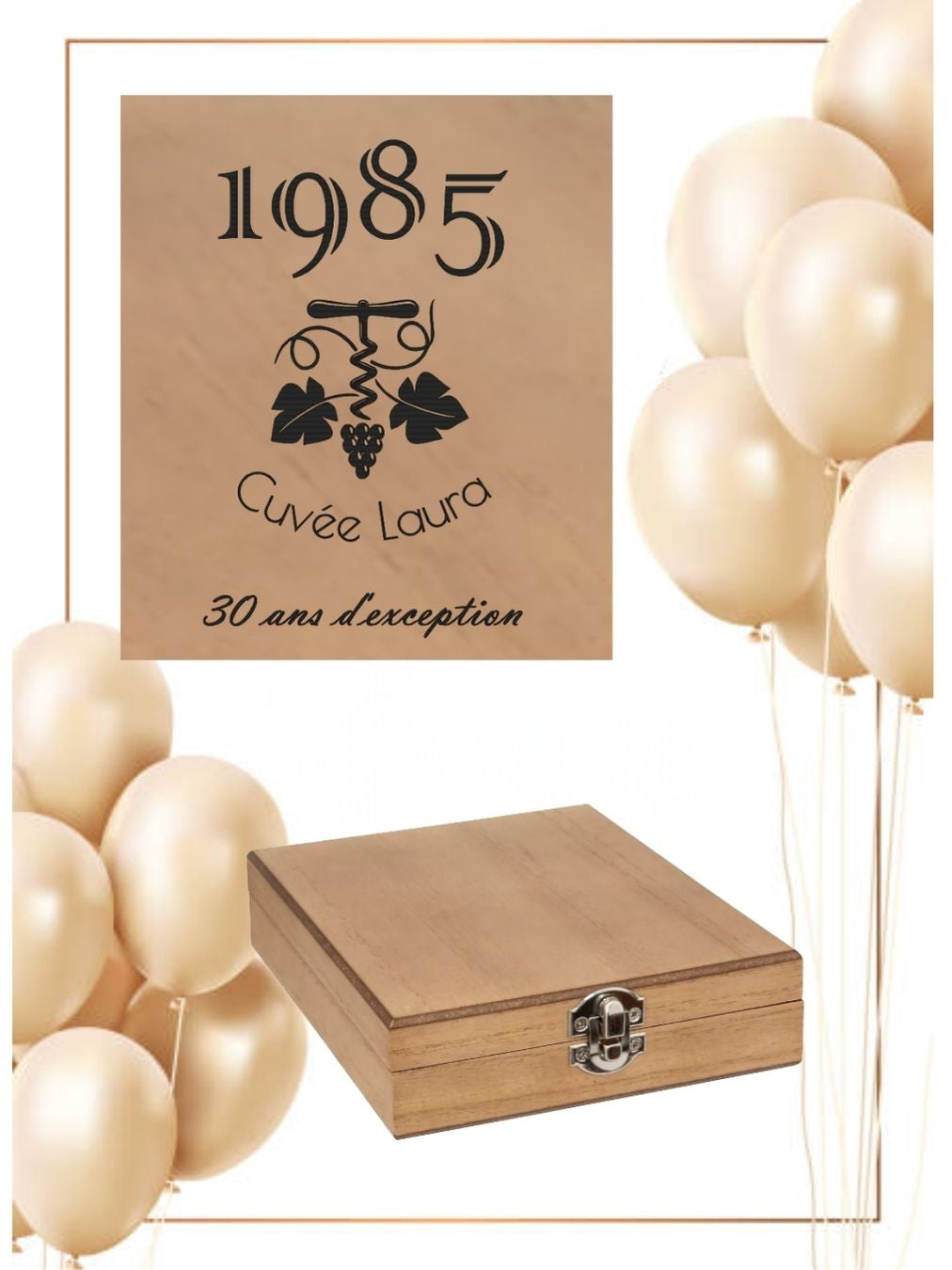 Gravure laser personnalisée Millésime 1985 Cuvée Laura sur couvercle coffret bois vin