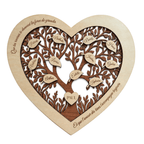 Arbre de vie cœur personnalisé en bois avec prénoms gravés sur les feuilles, prénom de l’enfant dans le cœur et message gravé, cadeau de baptême