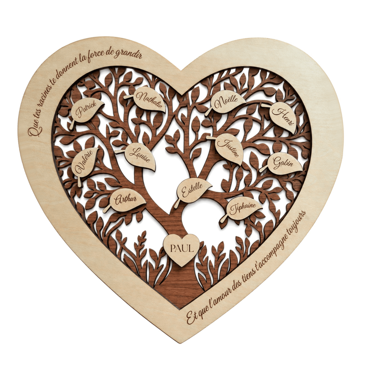 Arbre de vie cœur personnalisé en bois avec prénoms gravés sur les feuilles, prénom de l’enfant dans le cœur et message gravé, cadeau de baptême