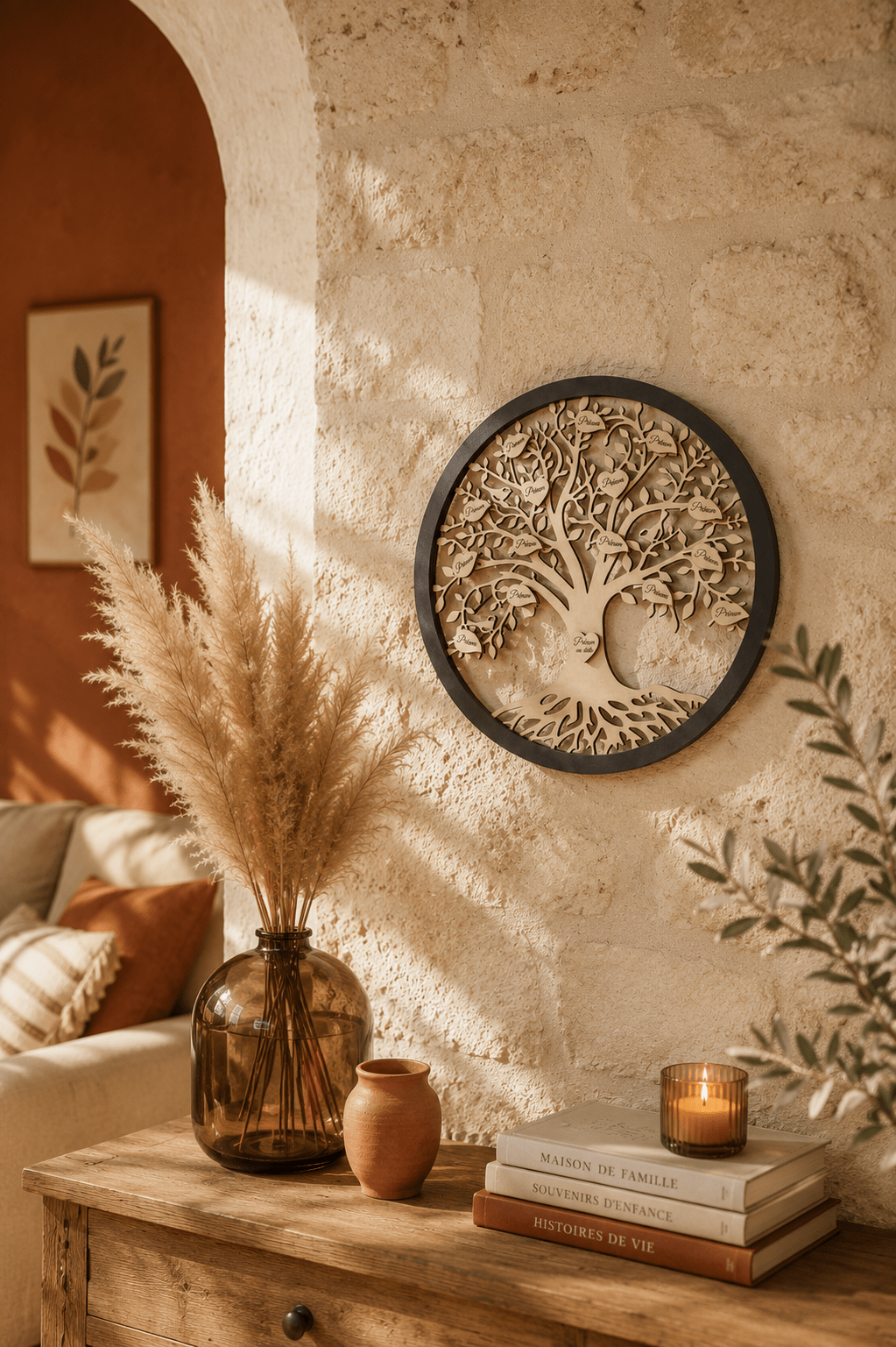 Arbre de vie bois personnalisé accroché au mur dans un salon style terracotta, cadeau famille gravure laser prénoms