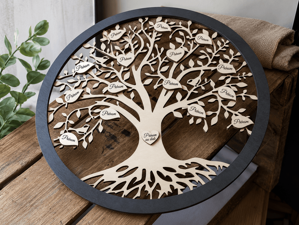 Décoration murale arbre de vie en bois personnalisé avec prénoms gravés sur des feuilles en forme de cœur, cadre rond noir, posée sur un meuble en bois dans un intérieur chaleureux