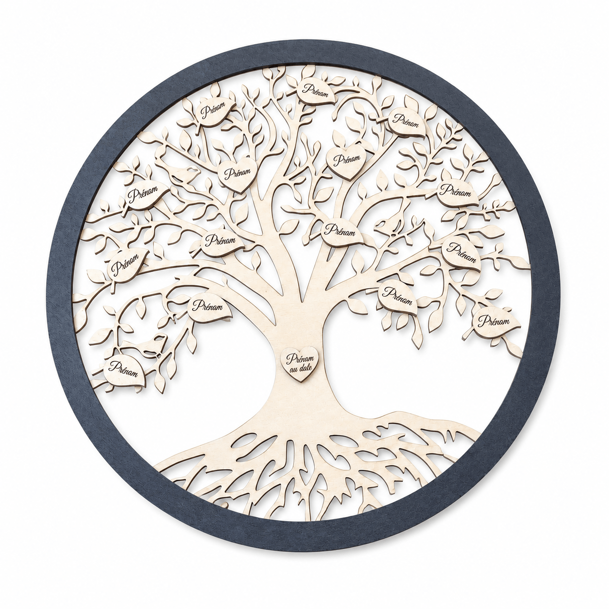 arbre de vis en bois découpe laser gravure prénoms personnalisés sur fond blanc