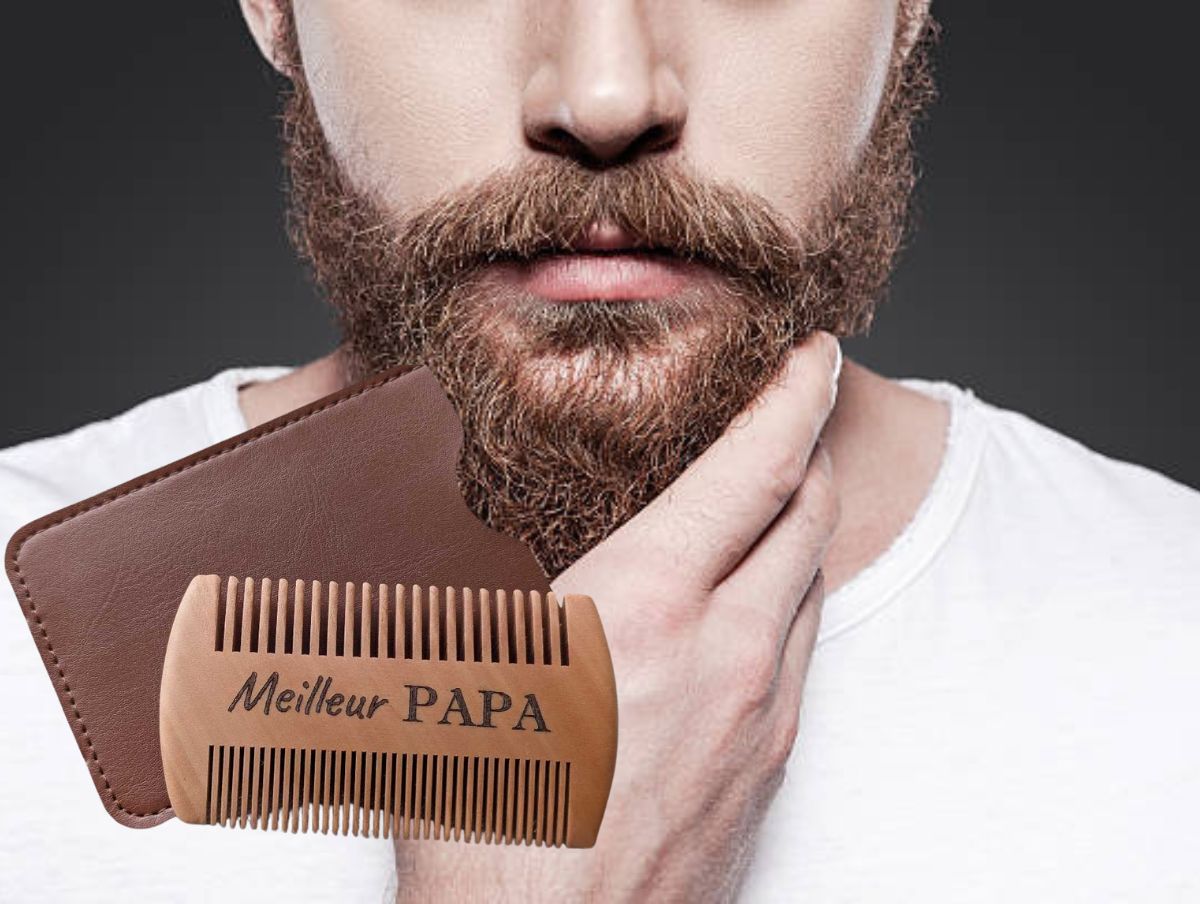 Peigne barbe bois hêtre personnalisé gravure meilleur papa étui cuir cadeau fête pères artesama