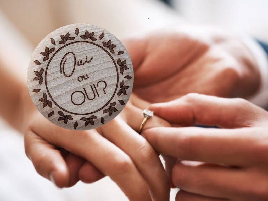 Boîte à OUI gravée « Oui ou OUI ? » avec couronne végétale, écrin pour bague de fiançailles
