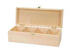 Intérieur de la boîte à thé en bois : 4 compartiments en bois brut pour sachets et tisanes