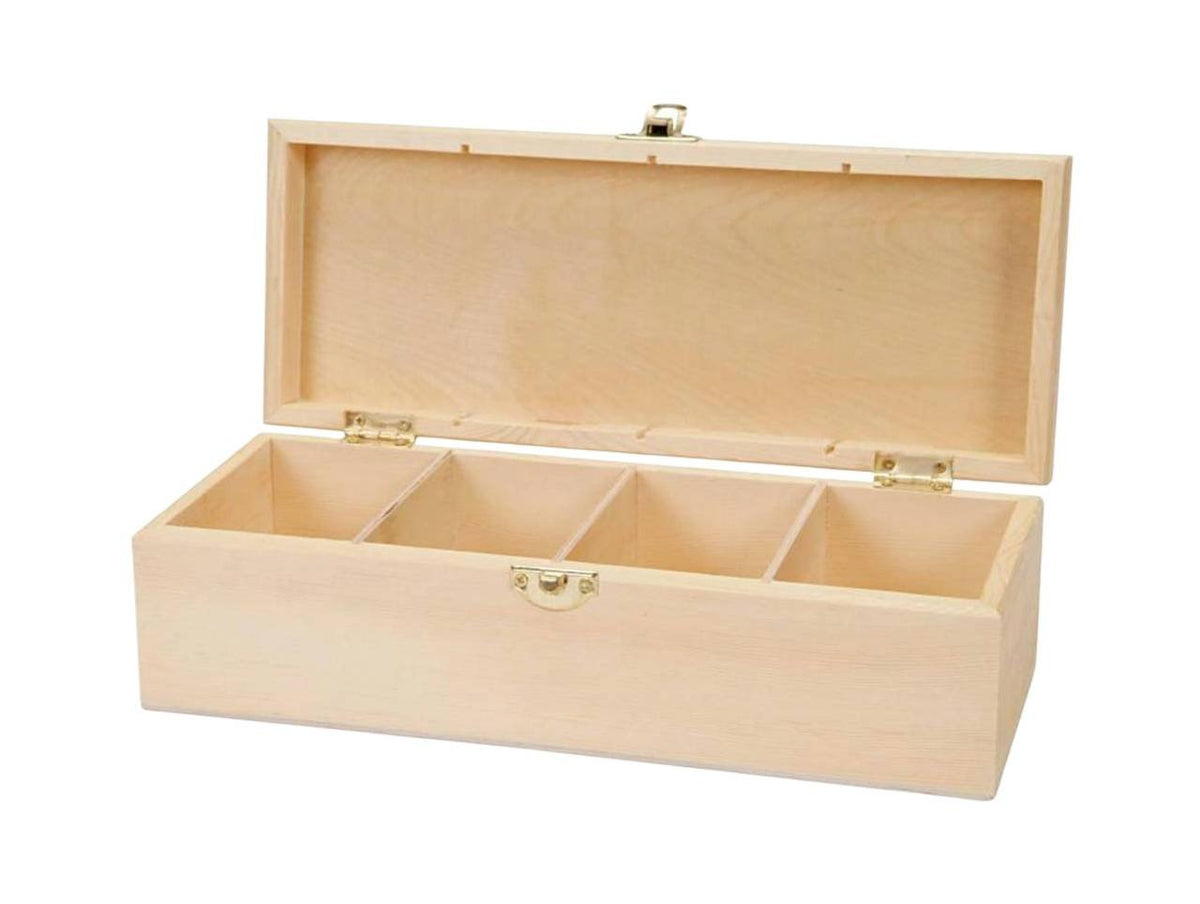 Intérieur de la boîte à thé en bois : 4 compartiments en bois brut pour sachets et tisanes