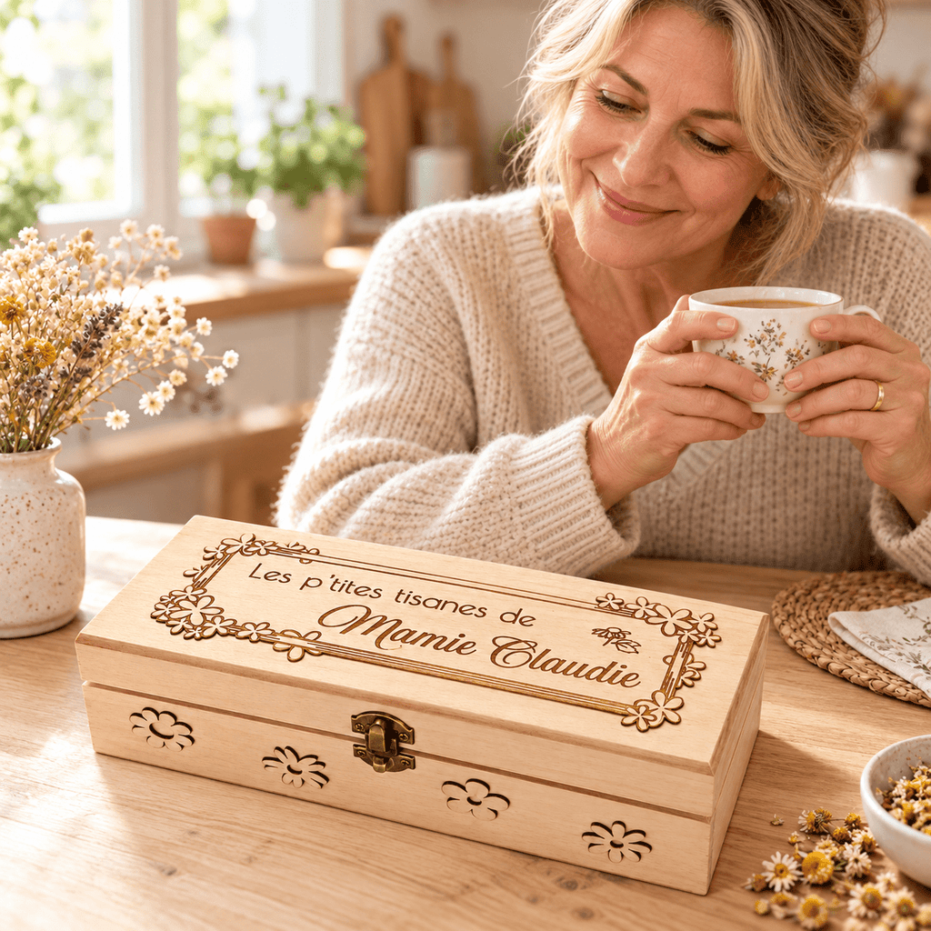 Boîte à thé en bois gravée « Les p'tites tisanes de Mamie Claudie », décor floral, offerte à une grand-mère