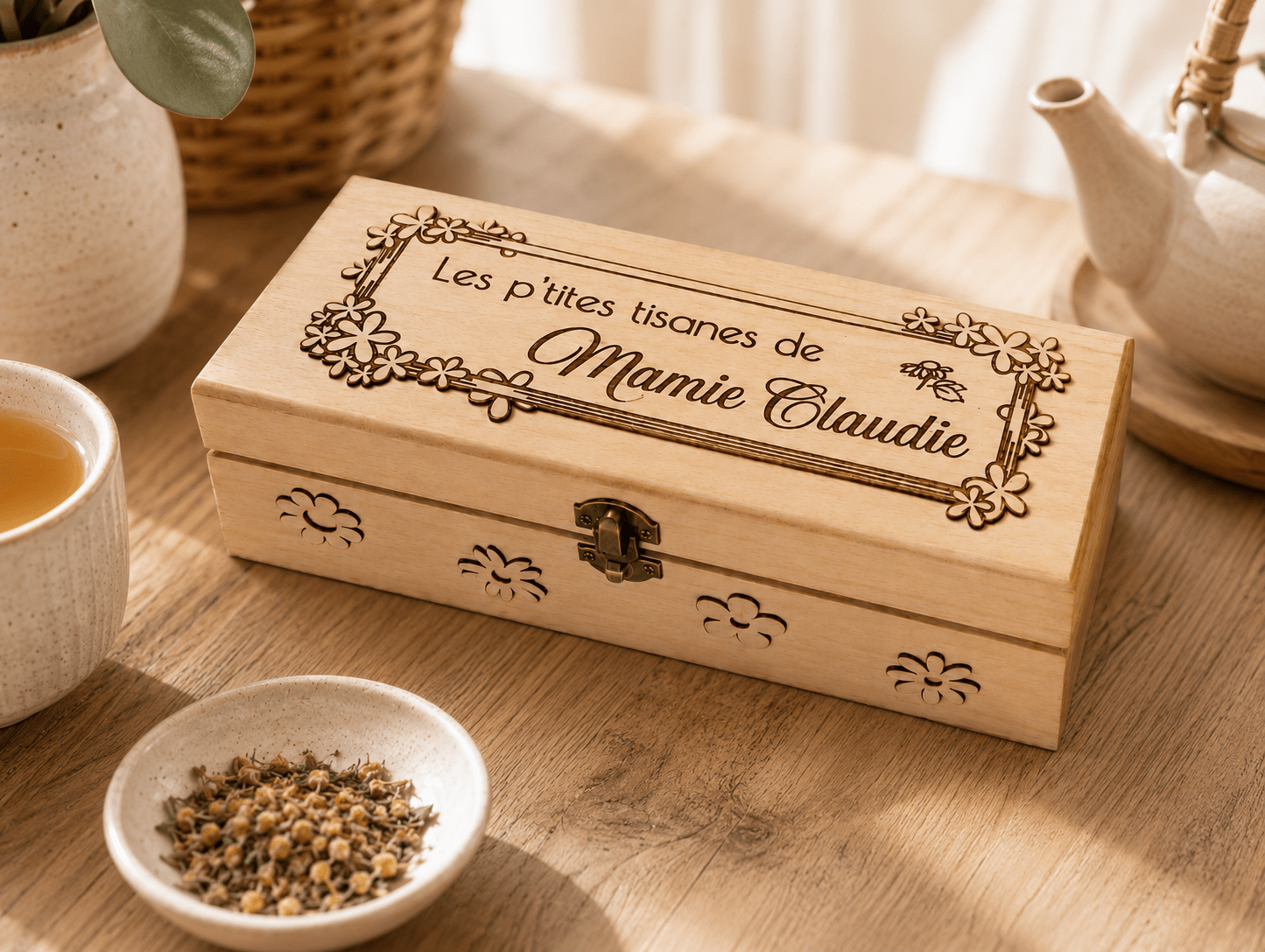 boîte à thés tisanes en bois personnalisé texte au choix présenté dans ambiance tea time cocoon et zen avec infusion théière