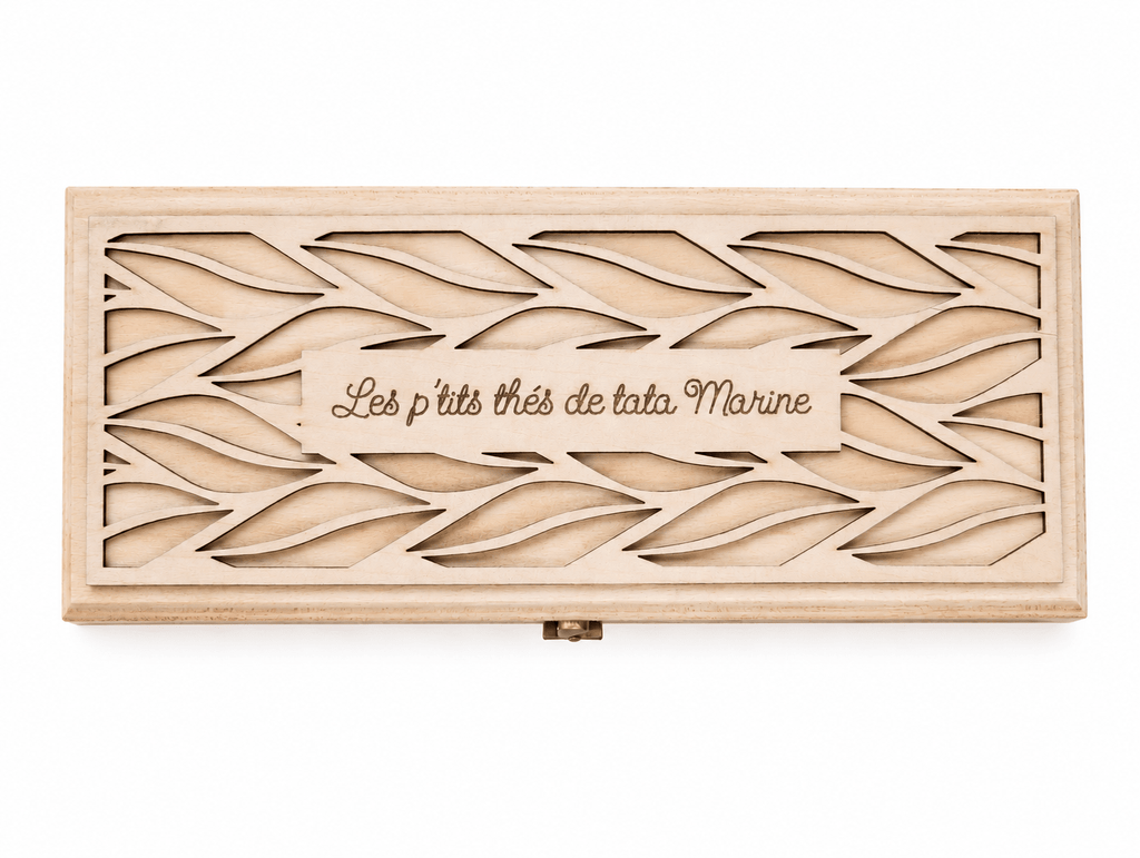 boîte en bois 4 compartiments déco gravée personnalisée les p'tits thé de tata
