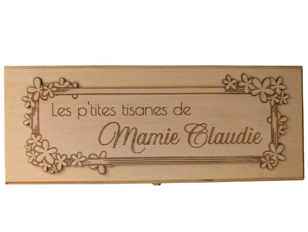 Boîte à thé bois gravée personnalisée décoration florale artisanale française cadeau
