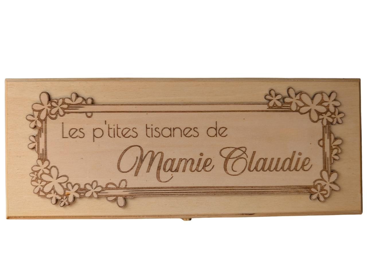 Boîte à thé bois gravée personnalisée décoration florale artisanale française cadeau
