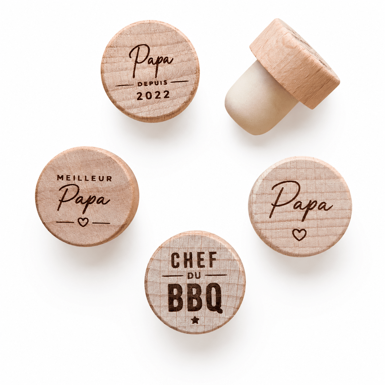 Bouchon gravé personnalisé fête des pères lot de 2 — modèles Papa Chef du BBQ Meilleur Papa — Artesama