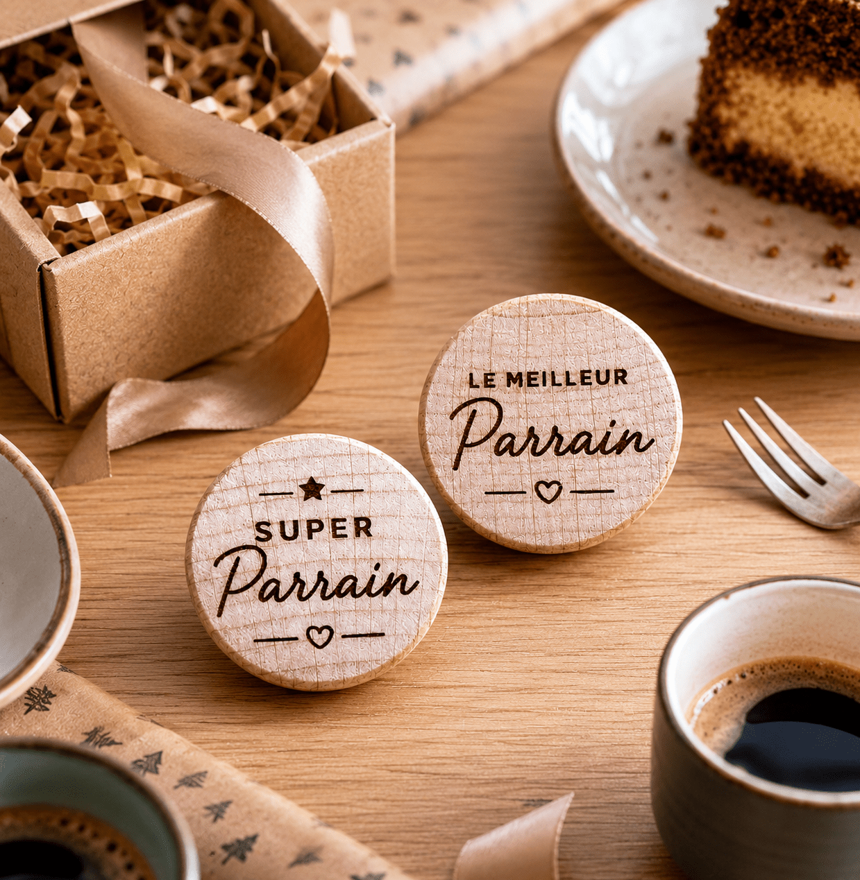 adeau parrain fête des pères — lot 2 bouchons gravés Super Parrain et Le meilleur Parrain avec emballage cadeau
