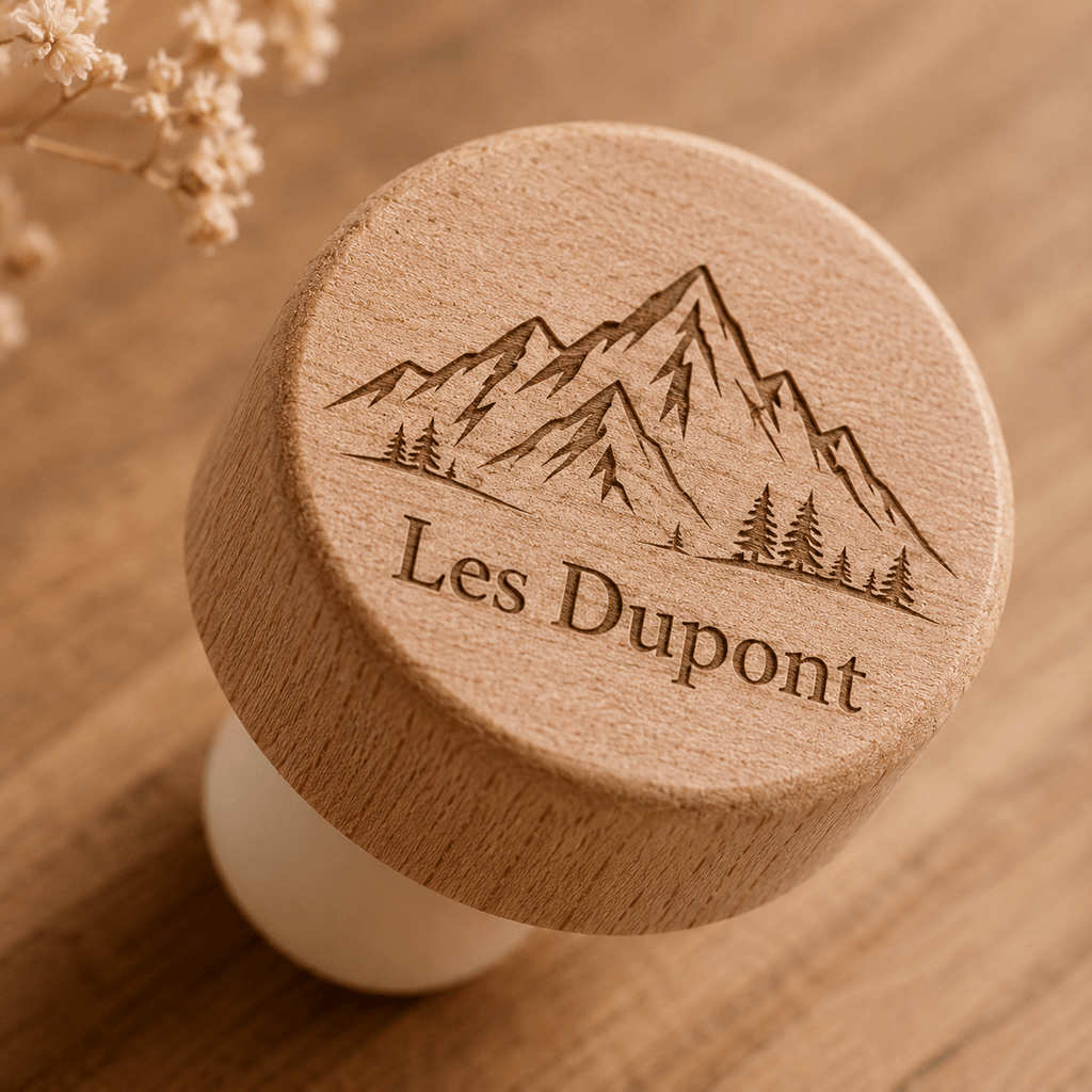 Styles de gravure laser sur bouchon bois — script élégant capitales illustration monogramme — bouchon personnalisé sur mesure