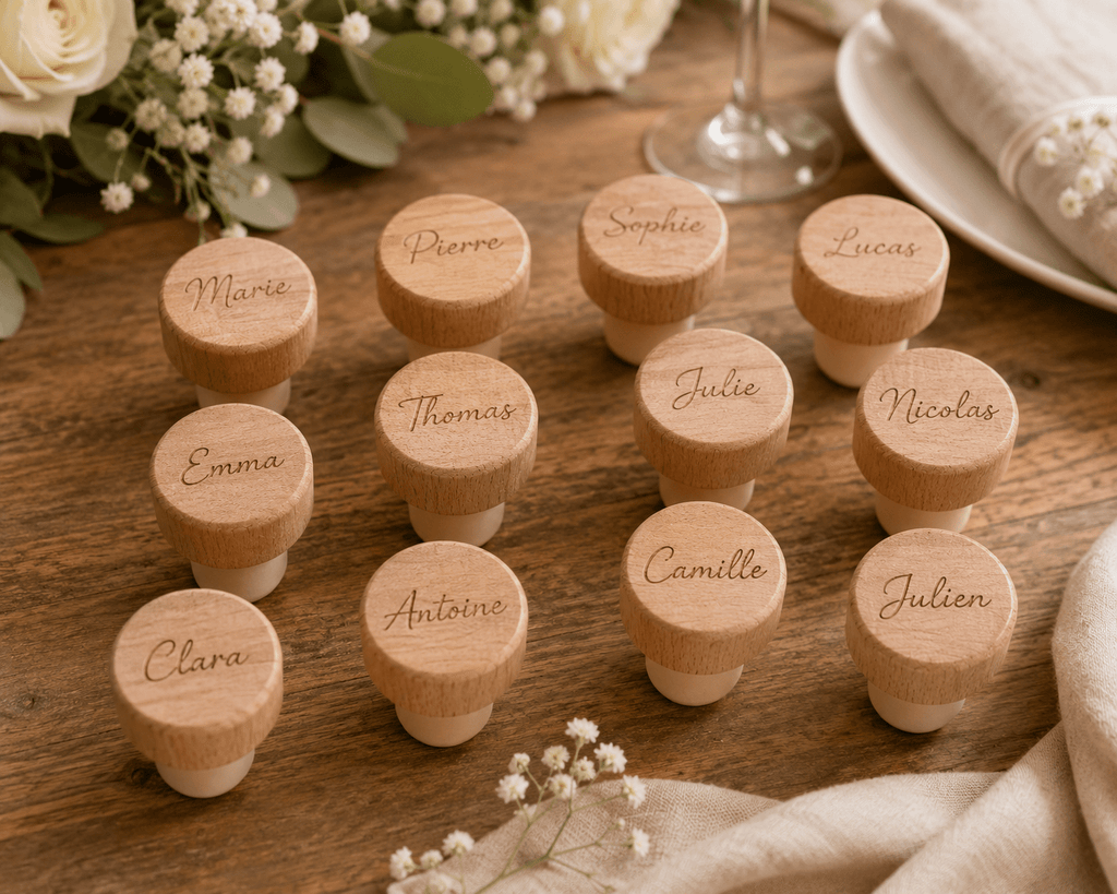 Bouchons gravés sur mesure pour mariage — prénoms des invités gravés au laser — cadeau invité mariage original