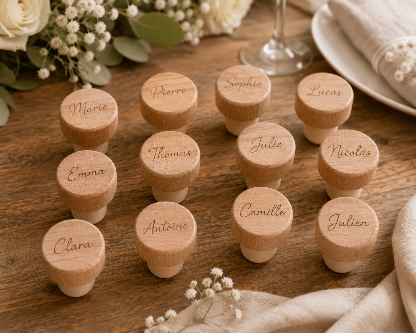 Bouchons gravés sur mesure pour mariage — prénoms des invités gravés au laser — cadeau invité mariage original