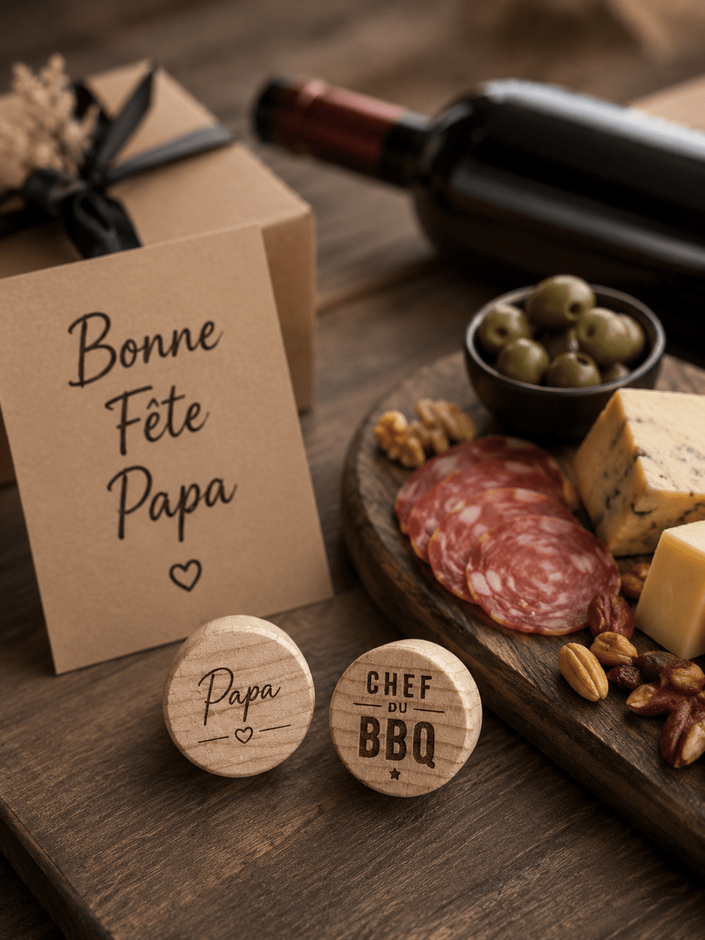 Idée cadeau fête des pères — lot de 2 bouchons gravés Papa et Chef du BBQ avec carte Bonne Fête Papa