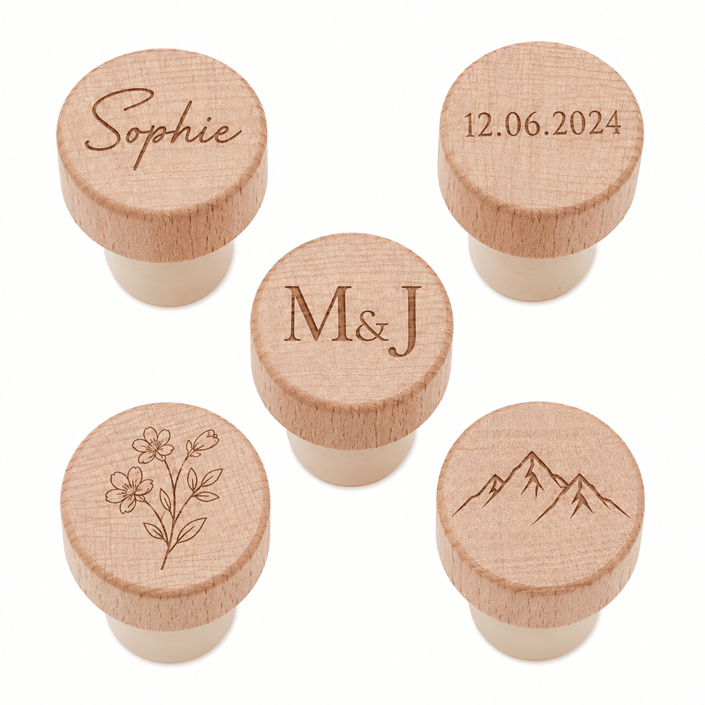 Bouchons gravés sur mesure personnalisés — prénom date logo illustration gravure laser bois hêtre — Artesama