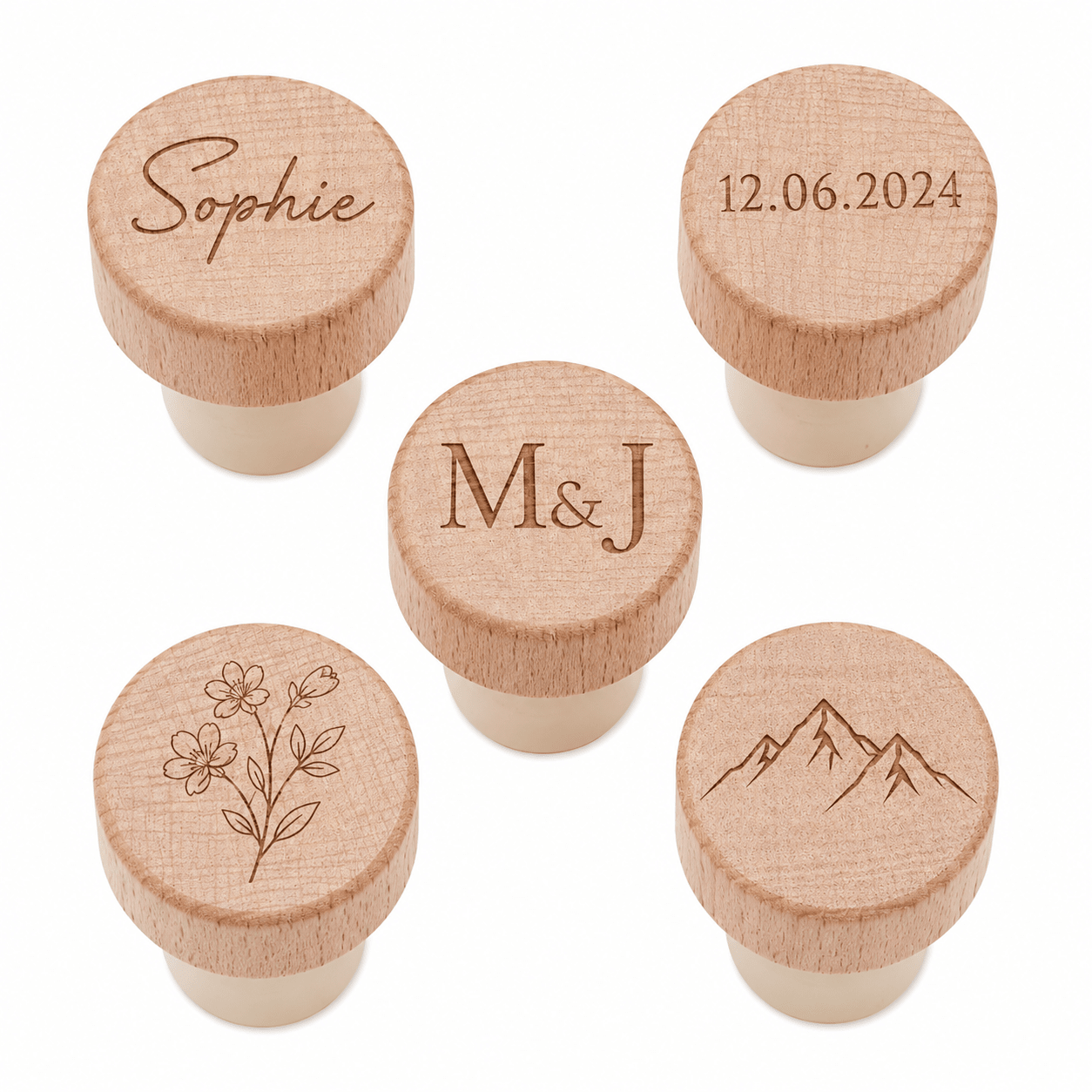 Bouchons gravés sur mesure personnalisés — prénom date logo illustration gravure laser bois hêtre — Artesama