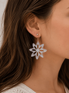 Boucles d'oreilles pendantes en acrylique blanc nacré en forme de fleur étoilée ajourée, montées sur crochet doré, portées par une femme aux cheveux bruns