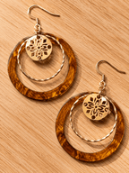 Paire de boucles d'oreilles dorées et acrylique écaille caramel, double cercle avec médaillon découpé motif floral, crochet doré
