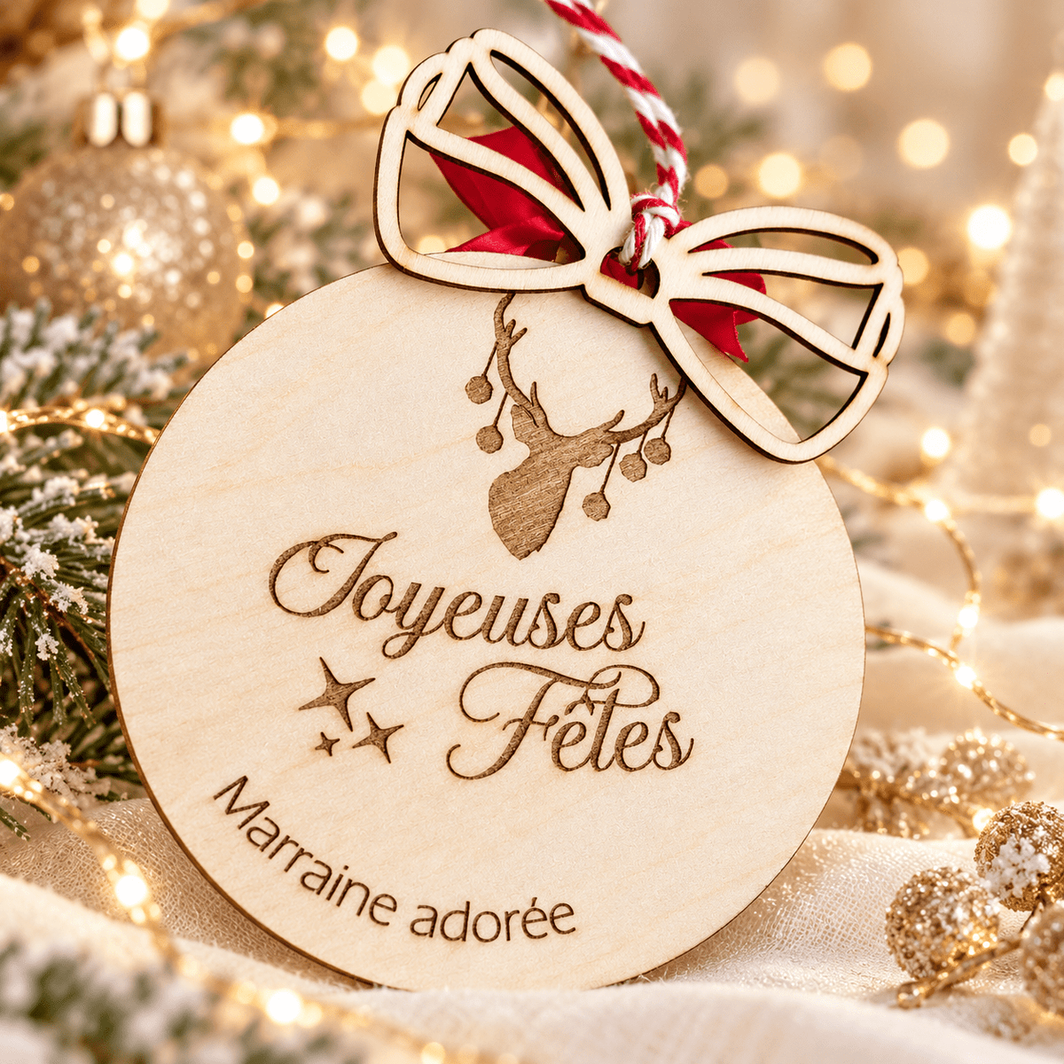 Boule de Noël en bois modèle élan « Joyeuses Fêtes » gravée « Marraine adorée », suspendue dans le sapin