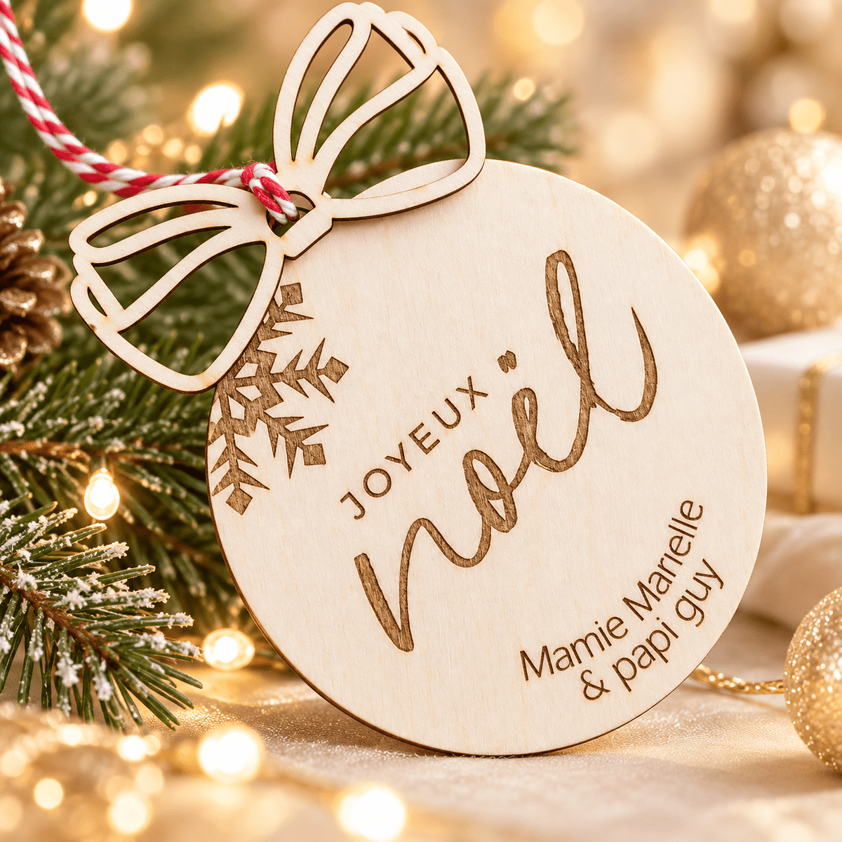 Boule de Noël en bois modèle flocon « Joyeux Noël » gravée pour mamie et papi, suspendue dans le sapin