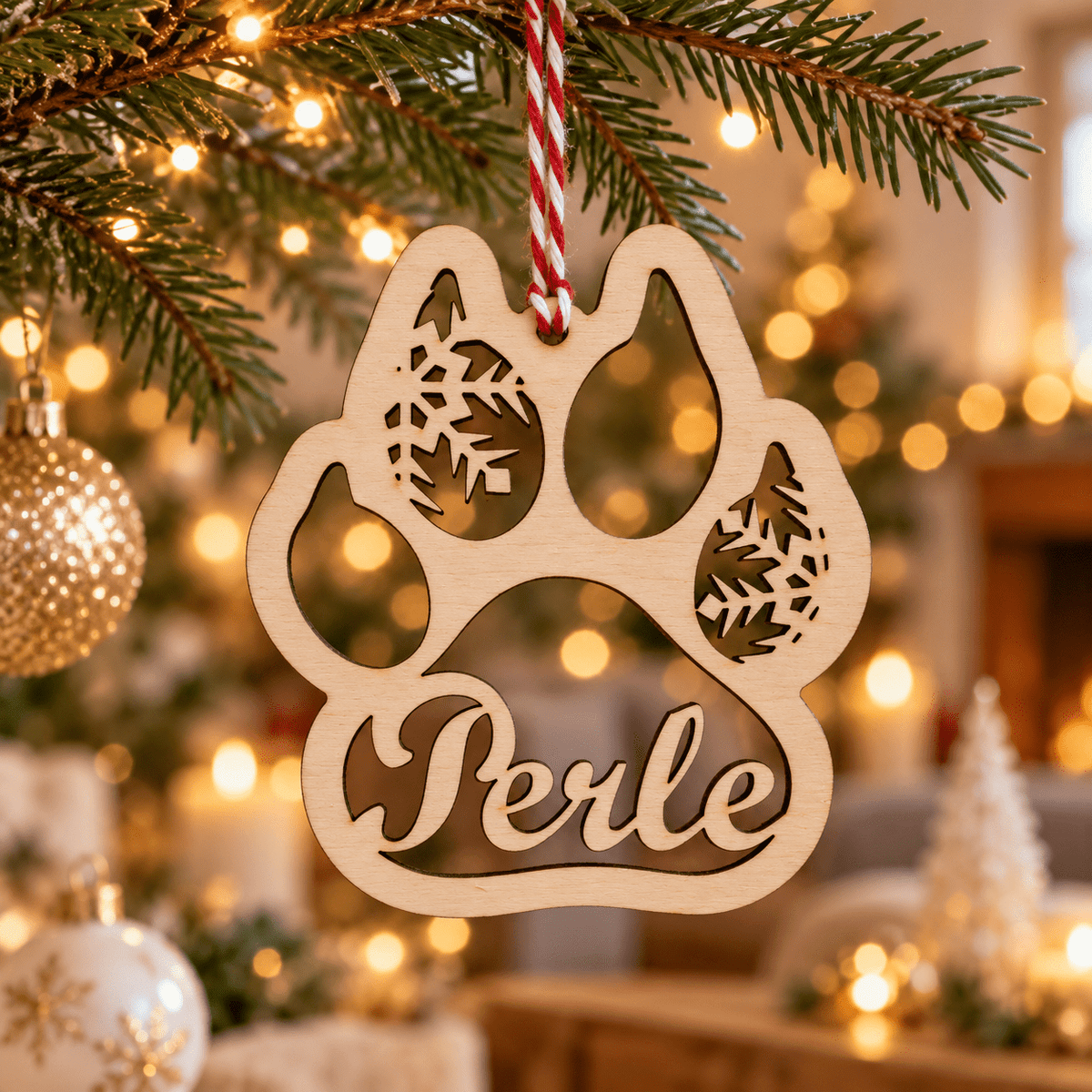 Boule de Noël patte de chat en bois gravée au prénom Perle, suspendue dans le sapin illuminé