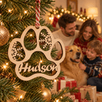 Famille avec son chien devant le sapin, boule de Noël patte de chien en bois gravée au prénom Hudson