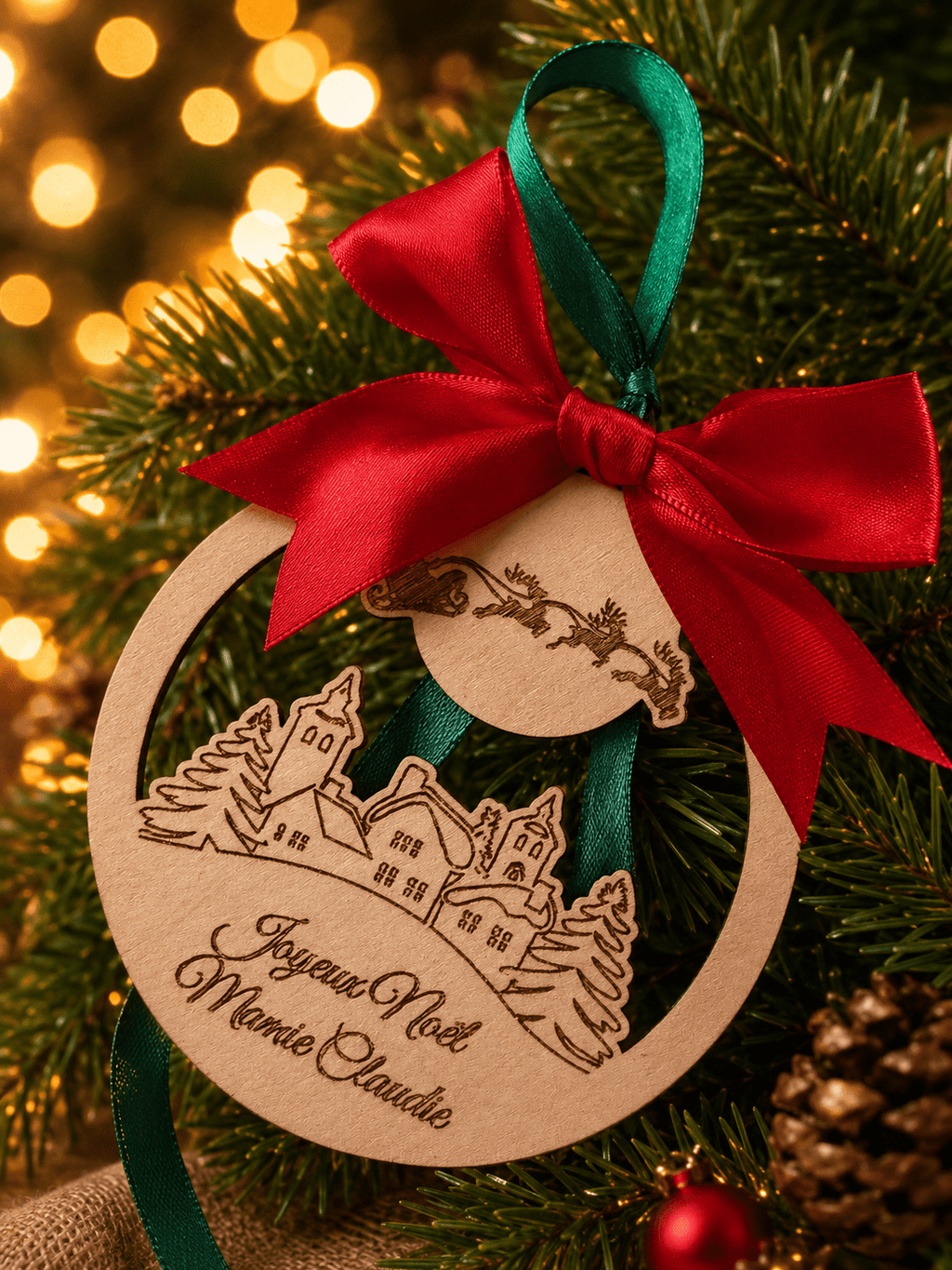 Boule de Noël bois gravée personnalisée ruban vert satin 
village Noël décoration sapin fait main France — Artesama