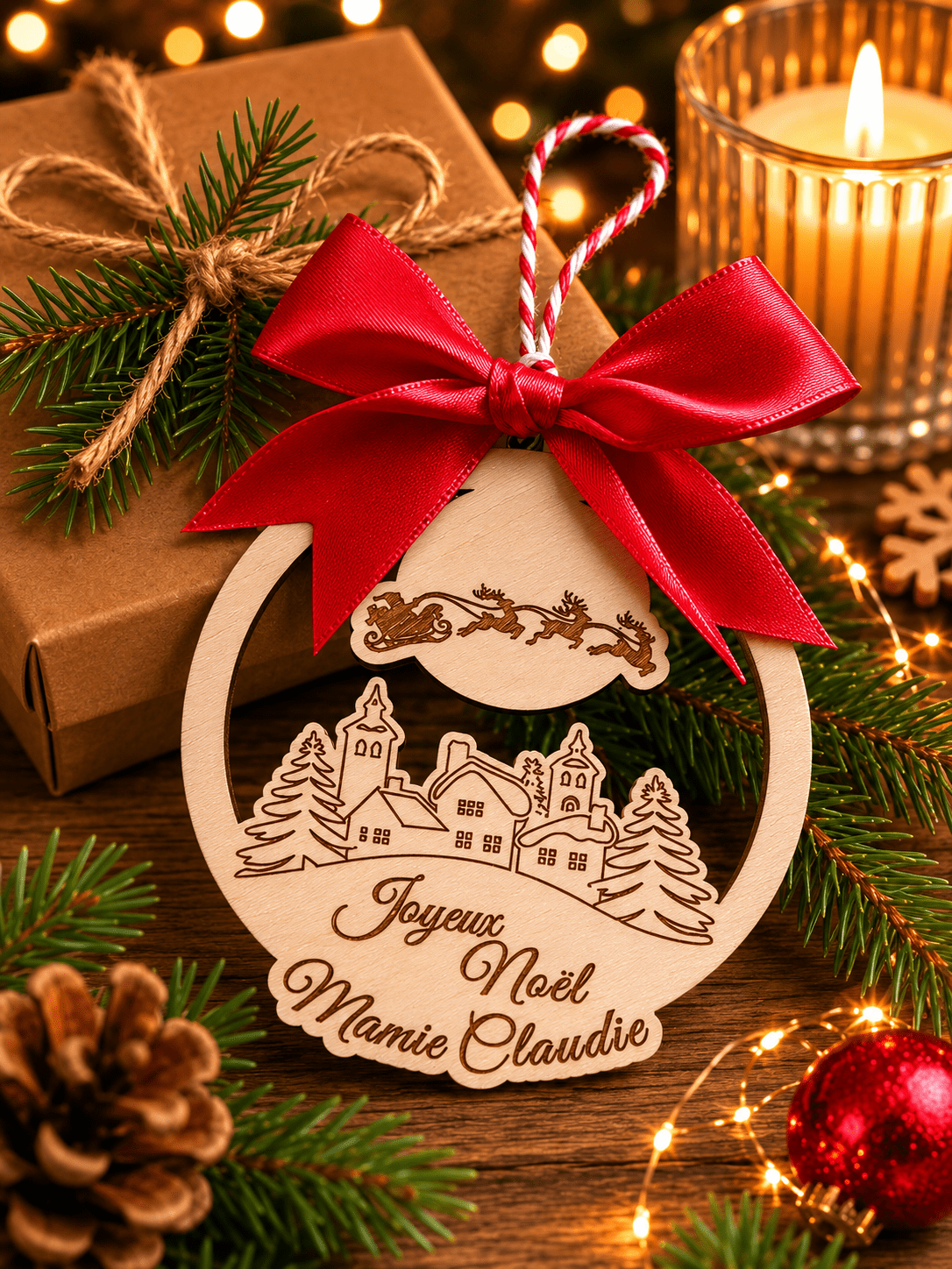 Cadeau Noël original boule bois gravée laser personnalisée 
prénom village hivernal ficelle rouge blanc — Artesama