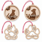 Quatre boules de Noël en bois personnalisées pour chat et chien, silhouettes et pattes gravées aux prénoms Myrtille, Moustique, Perle et Hudson, sur fond blanc