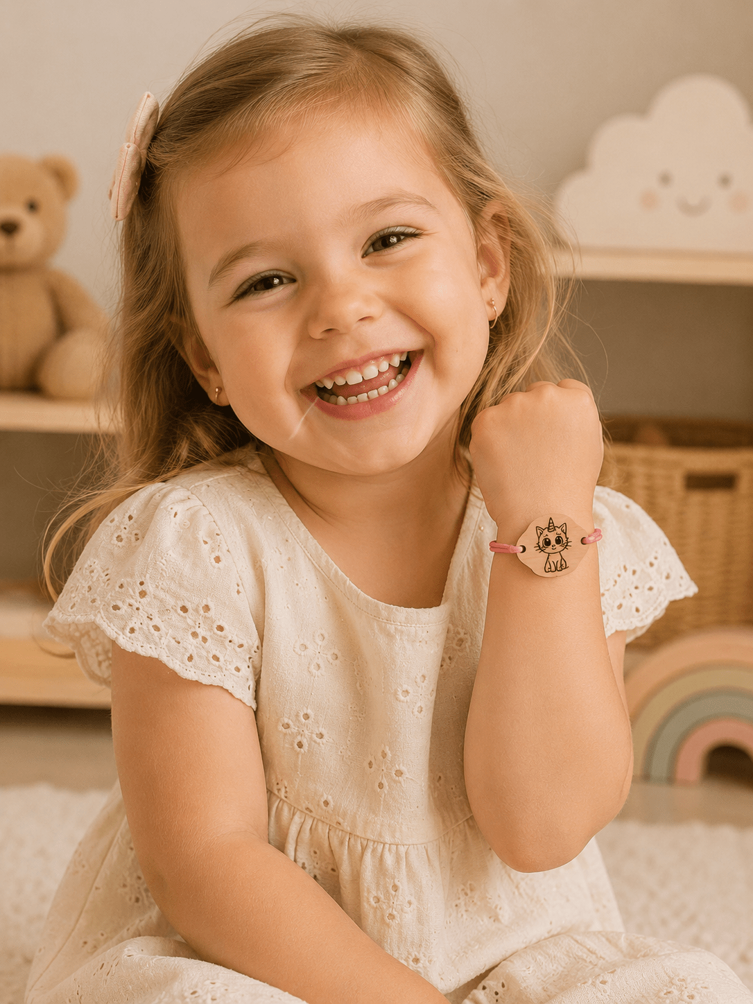 Petite fille souriante portant un bracelet enfant en bois gravé motif chaton licorne sur cordon rose ajustable, dans une chambre d'enfant