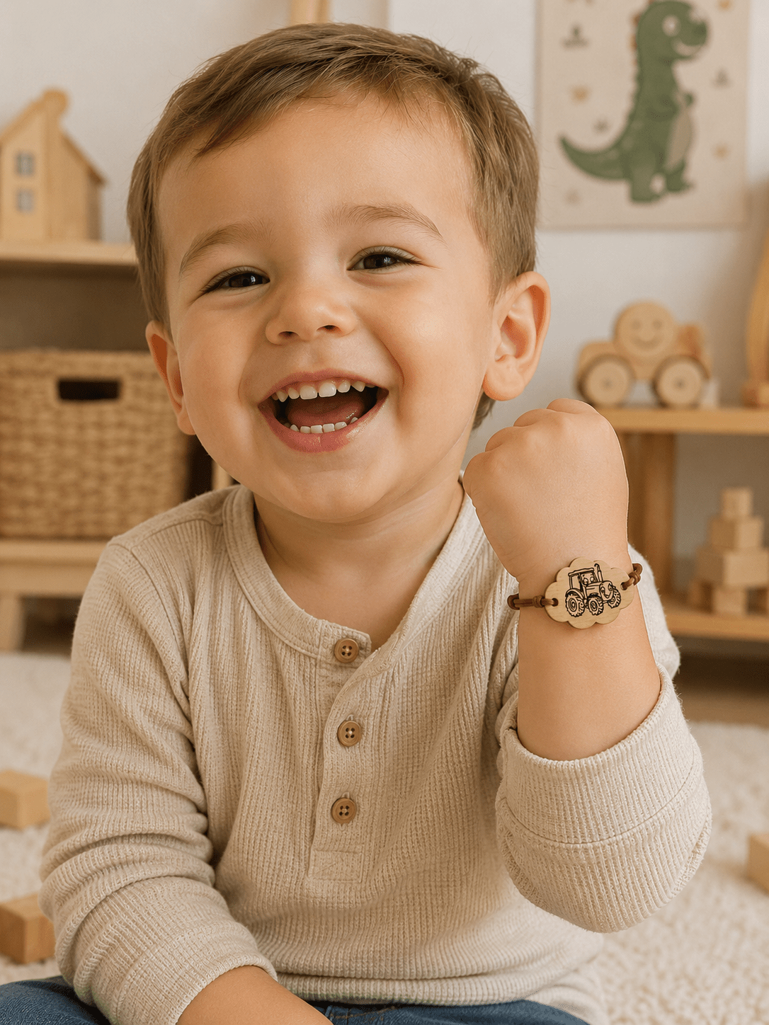 Petit garçon souriant portant un bracelet enfant en bois gravé motif tracteur sur cordon marron ajustable, dans une chambre d'enfant aux tons naturels